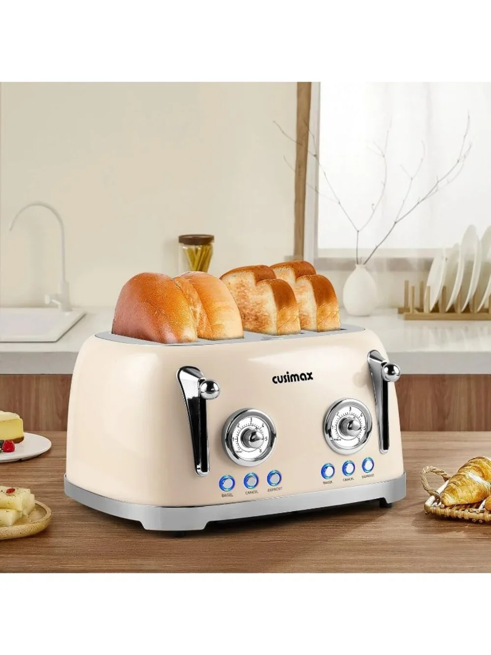 4 Slice Cream Stainless Steel Retro Defrost Toaster with Wide Slots for Bagels